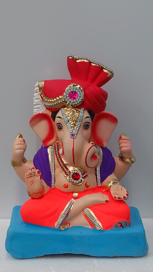 Maharaja Eco-Friendly Ganesh Idol 10inch – Red Pagdi & Royal Jewellery