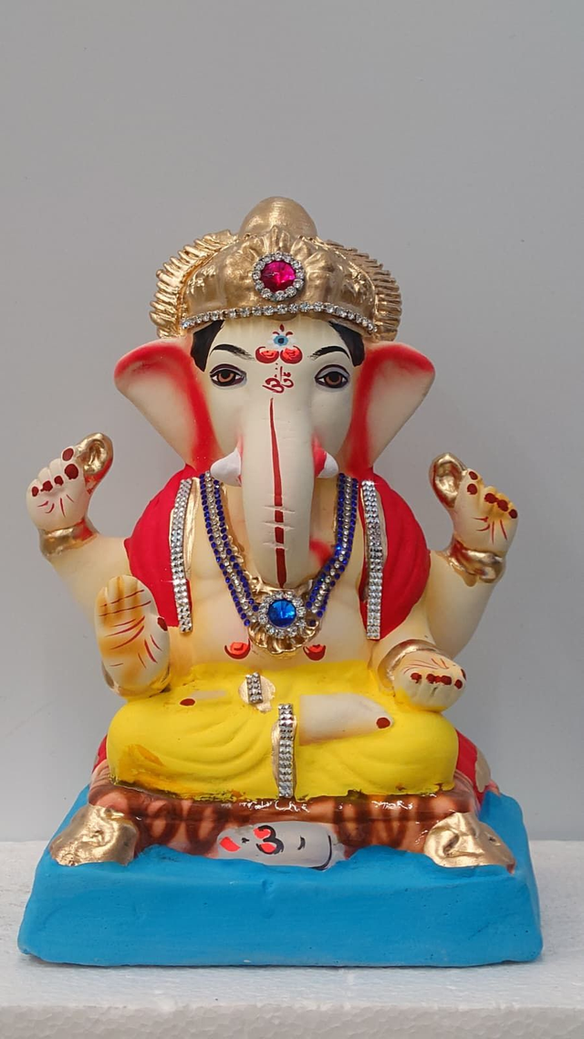 Golden Yellow Eco-Friendly Ganesh Idol 10inch – Royal Red & Blue Design
