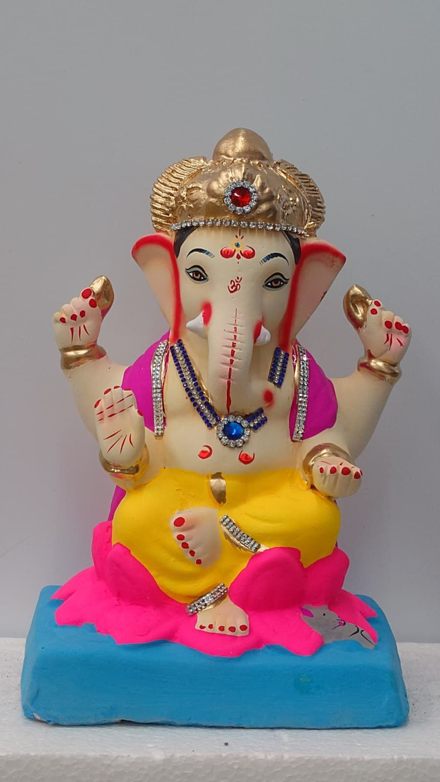 Royal Pink Eco-Friendly Ganesh Idol 10inch – Golden Crown & Blue Gemstone